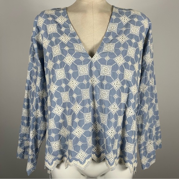 Zara Blue and White Bell Sleeve Blouse M - Picture 1 of 11